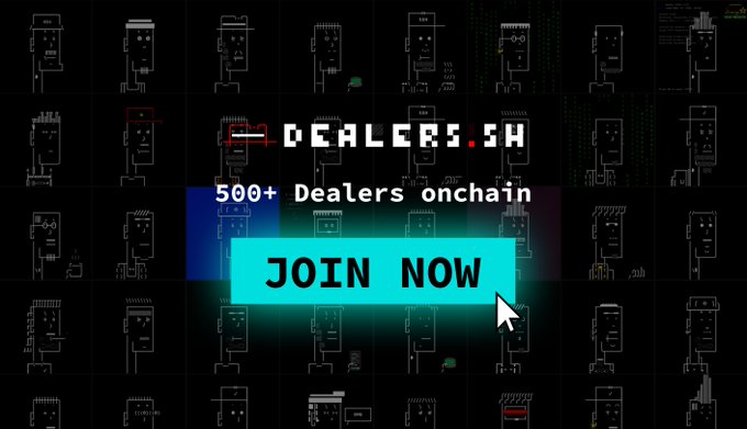 A dark pixel-art promotional graphic for "DEALERS.SH" displays a grid of storefronts in the background, with bold text reading "500+ Dealers onchain" and a glowing cyan "JOIN NOW" button beneath a cursor, directly supporting the call-to-action about joining the growing onchain game on Abstract Chain.