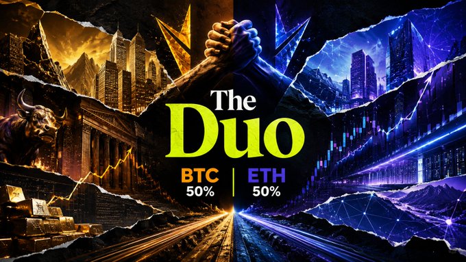 The image depicts a split, torn-paper design with a fiery bull on the left and a futuristic bull on the right, meeting in a clasping handshake at the center. Bold text reads "The Duo" with "BTC 50%" in orange and "ETH 50%" in blue, illustrating the post's theme of pairing Bitcoin and Ethereum as an iconic duo.