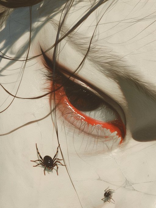 A dark, surreal digital illustration depicting a close-up of a closed human eye with a bright red, bloodshot lower lid, with two small black spiders crawling on the pale skin below.