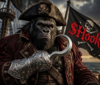 A digital artwork of a gorilla dressed as a pirate with a hook hand, with a pirate ship in the background and text reading '$Hook'.