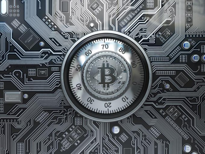 Concept image of a silver Bitcoin coin set within a combination dial lock, overlaid on a dark circuit board background.