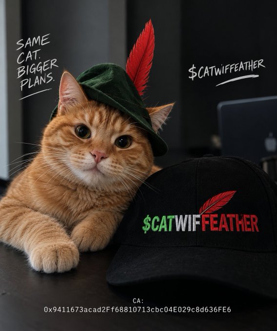 An orange tabby cat wearing a green hat with a red feather sits next to a black '$CATWIFFEATHER' hat, with text reading 'SAME CAT. BIGGER PLANS.' and a cryptocurrency contract address at the bottom.