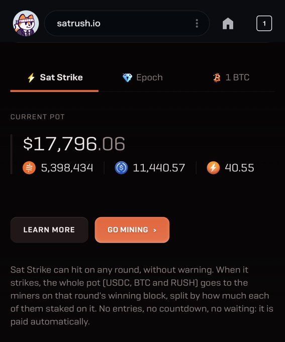 A mobile screenshot of satrush.io showing the 'Sat Strike' tab with a current pot of $17,796.06 (5,398,434, 11,440.57, 40.55) and 'GO MINING' button.