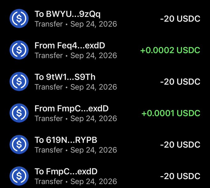 A list of USDC crypto transactions on September 24, 2026, showing multiple -20 USDC outgoing transfers alongside small incoming deposits of +0.0002 USDC and +0.0001 USDC, illustrating a tipping-style giveaway with nominal rewards sent to various wallet addresses.