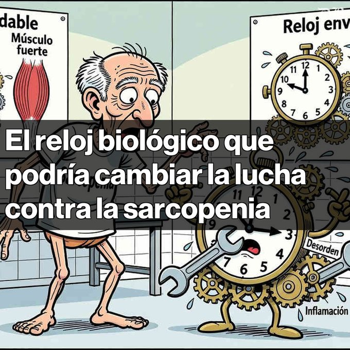 A Spanish-language cartoon illustration of an elderly, frail man with the text 'El reloj biológico que podría cambiar la lucha contra la sarcopenia' (The biological clock that could change the fight against sarcopenia), surrounded by imagery of clocks, gears, muscles, and labels like 'Inflamación' and 'Desorden'.
