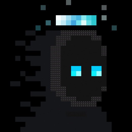 A pixel art image of a dark figure with glowing blue eyes and a blue crown-like object floating above its head, set against a black background.