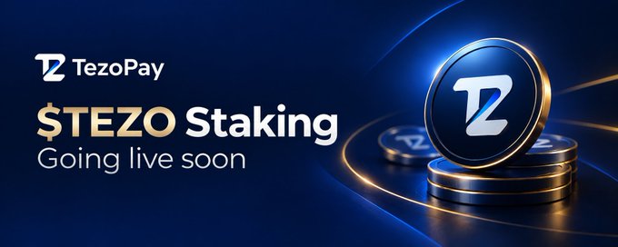 A promotional graphic for 'TezoPay' advertising '$TEZO Staking Going live soon', featuring a 3D rendering of a coin with the 'TZ' logo stacked on a dark blue background with glowing light trails.