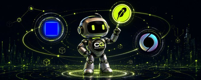 A futuristic 3D-rendered robot with glowing yellow eyes holds a glowing green sphere, surrounded by digital UI elements and floating geometric shapes against a dark technological background.