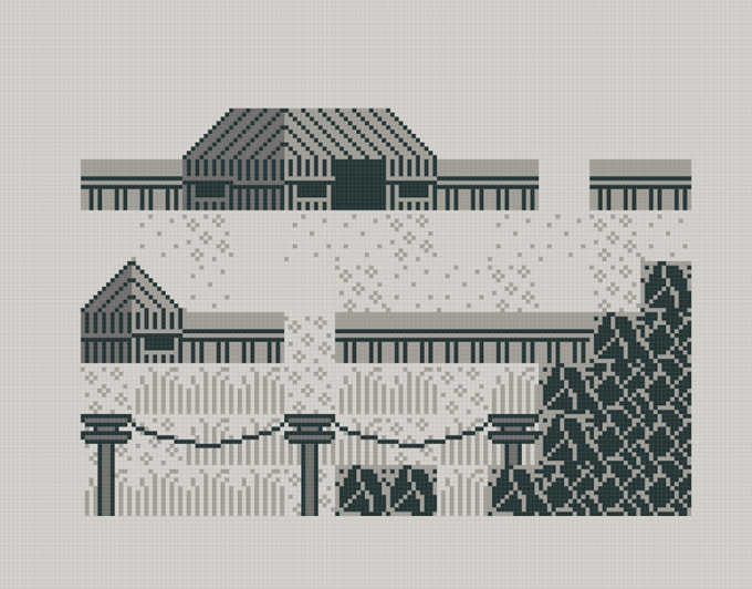 A pixel art or cross-stitch pattern design in grayscale shows a stylized landscape with houses, draped fabric or chains, and a large jagged rock formation.