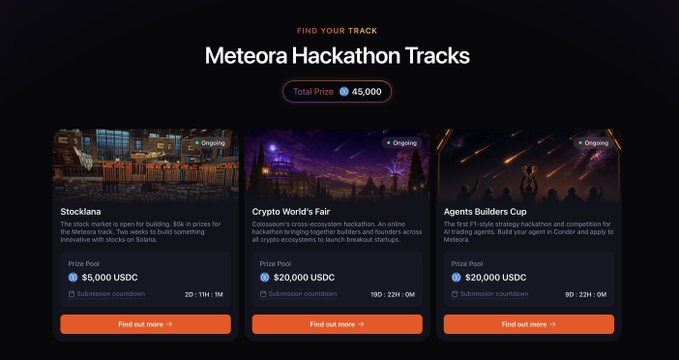 A webpage for the Meteora Hackathon showing three tracks: Stocklana ($5,000 USDC prize), Crypto World's Fair ($20,000 USDC), and Agents Builders Cup ($20,000 USDC), with a total prize of 45,000.