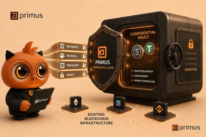 The image features a cartoon owl character holding a tablet branded with "primus," alongside a large vault labeled "CONFIDENTIAL VAULT" and "PRIMUS CONFIDENTIAL LAYER," which advertises encrypted deposits, interest earning, and private position size for services including payments, payroll, treasury, and vault functions built on existing blockchain infrastructure.

The visual reinforces the post's message by symbolizing Primus as a secure vault that conceals institutional financial activities (payments, payroll, treasury) from public blockchain visibility, allowing institutions to use trusted infrastructure while keeping their transaction details confidential.