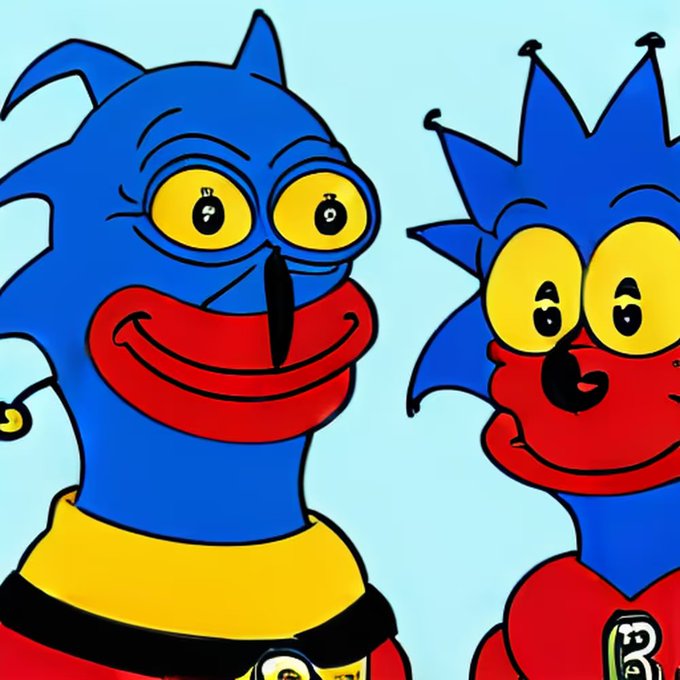 A cartoon image featuring two blue, cat-like characters with yellow eyes and large red smiles against a light blue background.