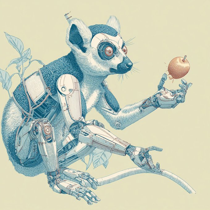 The image features a cartoon lemur holding an apple, with its arms wrapped around it as if it's about to take a bite out of the fruit. The scene also includes a robot arm holding another apple, creating a playful interaction between the lemur and the robot. The background is white, which contrasts nicely with the colorful illustration and makes the objects stand out even more.