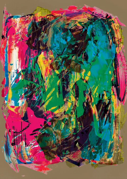An abstract painting characterized by energetic, chaotic brushstrokes in bright pink, green, yellow, and blue on a tan background.