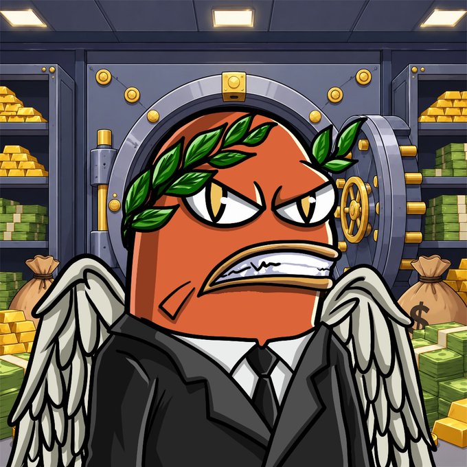 An angry cartoon orange character wearing a black suit with white angel wings and a green laurel wreath on its head, standing in a bank vault filled with gold bars and money bags.