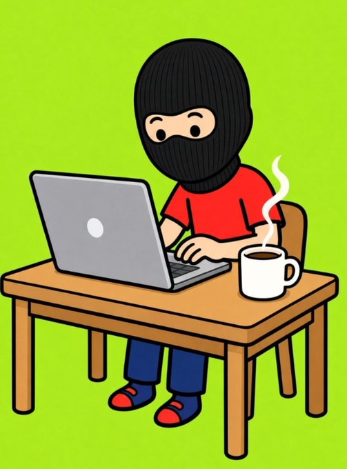 A cartoon-style image of a person in a black balaclava typing on a laptop at a wooden table with a coffee mug, set against a bright green background.