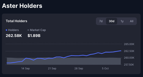 A dark-themed analytics dashboard titled 'Aster Holders' showing Total Holders at 262.58K and Market Cap at $1.89B, with a 30-day line chart trending slightly upward.