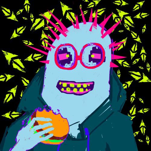 A colorful, stylized digital artwork of a blue-skinned figure with spiky hair, wearing pink pixelated sunglasses and grinning, holding an orange while surrounded by floating yellow shapes against a black background.