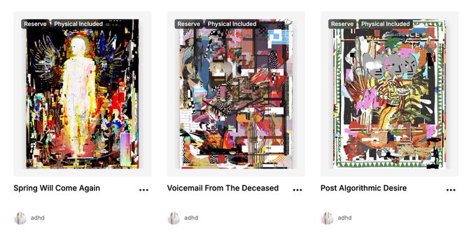 Three artwork listings appear side by side, each labeled “Reserve” and “Physical Included,” with titles “Spring Will Come Again,” “Voicemail From The Deceased,” and “Post Algorithmic Desire.”