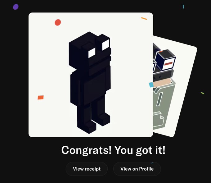 A mobile app screen displays a 3D pixelated black character NFT with the message 'Congrats! You got it!' and buttons to view the receipt or view it on profile.