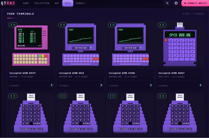 A screenshot of the QTRNS "Desk" page displaying a user's "Your Terminals" collection of pixel-art style NFT terminals with on/off toggles, all labeled as Corrupted QT8M units (#4577, #454, #3389, #6017) bearing "QUOTRONT" branding, each claimable for +0.5 weight and showing a "QTRNANCE MSG QR LIST" display. The image illustrates the user's Corrupted QT8M terminal collection that generates daily $QUOTRONT payouts referenced in the post.