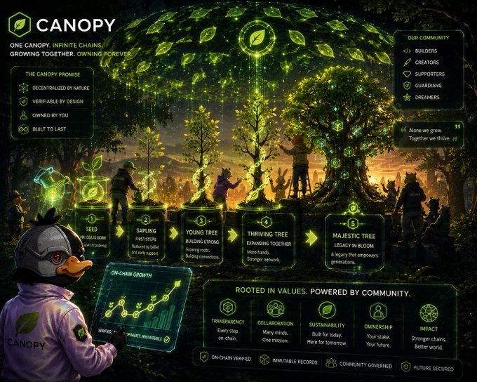 The image is a promotional infographic for **Canopy (CNPY)**, illustrating a five-stage growth progression for chains: **Seed → Sapling → Young Tree → Thriving Tree → Majestic Tree**. It highlights community roles (Builders, Creators, Supporters, Guardians, Dreamers), core values like Transparency, Collaboration, Sustainability, Ownership, and Impact, and the tagline "One Canopy. Infinite Chains. Growing together. Owning forever."

**Caption connection:** The post aligns with the infographic's visual metaphor—each chain begins small (Seed/Sapling) and can grow into a Majestic Tree once reaching its CNPY threshold, with the **community deciding which projects graduate** into a sovereign L1, mirroring the infographic's emphasis on community governance and shared growth.