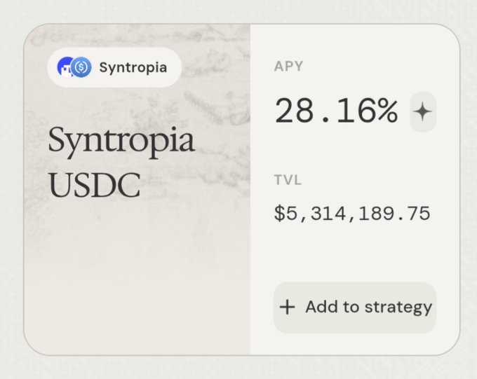 The image shows a "Syntropia USDC" vault interface displaying an APY of 28.16% with a TVL of $5,314,189.75 and an "Add to strategy" button. The APY shown supports the post's claim that the vault is exceeding the projected ~19% APY, currently sitting above 28%.