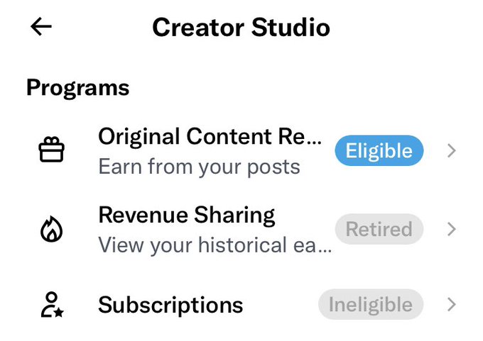 Screenshot of the Creator Studio 'Programs' page showing Original Content Rewards (Eligible), Revenue Sharing (Retired), and Subscriptions (Ineligible).