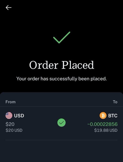 A dark-themed mobile app screen showing 'Order Placed' confirmation, detailing a successful transaction converting from USD ($20 / $20 USD) to BTC (~0.00022856 / $19.88 USD).