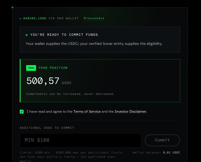 The screenshot shows a Sonar platform fund commitment interface where the connected wallet 0XB305...19D displays a current USDC position of 500.57, which aligns with the poster's claim of committing $500 to the Axis Robotics (@axisrobotics) token sale, with additional commitment options available (min $100, max $100,000) requiring agreement to Terms of Service.