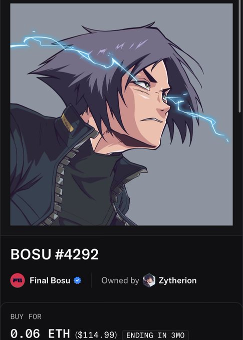 An NFT listing for BOSU #4292 showing an anime-style male character with dark hair and electric blue lightning effects across his face, listed at 0.06 ETH ($114.99) and owned by Zytherion.