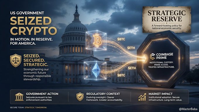 Infographic titled 'US Government Seized Crypto' showing $BTC and $ETH flowing from the US Capitol to Coinbase Prime, promoting a 'Strategic Reserve' policy for national economic security with sections on government action, regulatory context, and market impact.