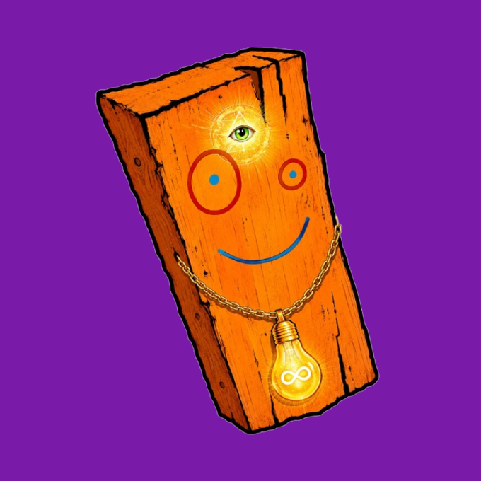 A colorful digital artwork of a smiling orange wooden plank character with a third eye, red-rimmed eyes, a gold chain, and a lightbulb pendant against a purple background.