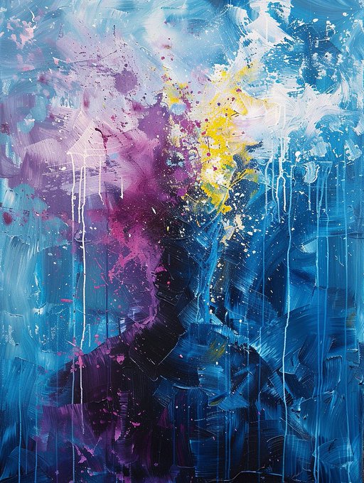 An abstract painting featuring a vibrant explosion of blue, purple, pink, and yellow paint splatters with vertical drip effects.
