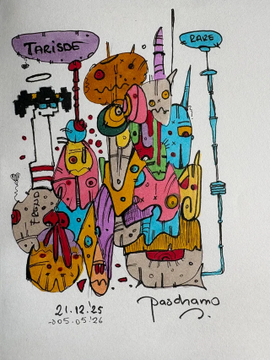 A colorful abstract drawing of clustered whimsical creatures/figures with the name 'T.RISOC' in a speech bubble at the top, dated '21.12.25' and signed 'Paschno' (or similar) at the bottom.