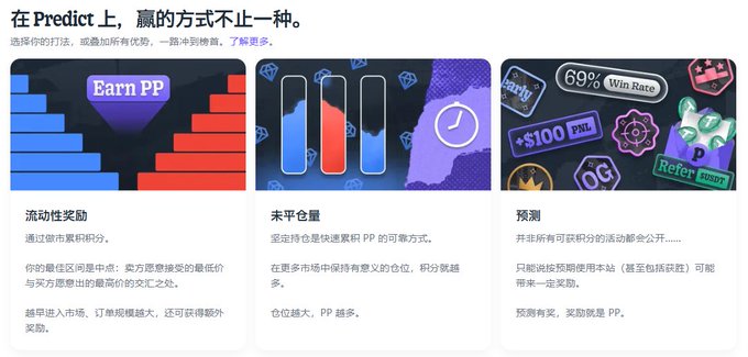 An informational graphic in Chinese explaining three ways to win in Predict: liquidity rewards, unallocated shares, and prediction rewards, featuring colorful bar charts and coin graphics.