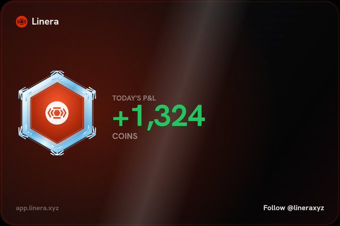 A Linera app interface showing 'TODAY'S P&L +1,324 COINS' in green text on a dark red gradient background, with the URL 'app.linera.xyz' and 'Follow @lineraxyz' at the bottom.