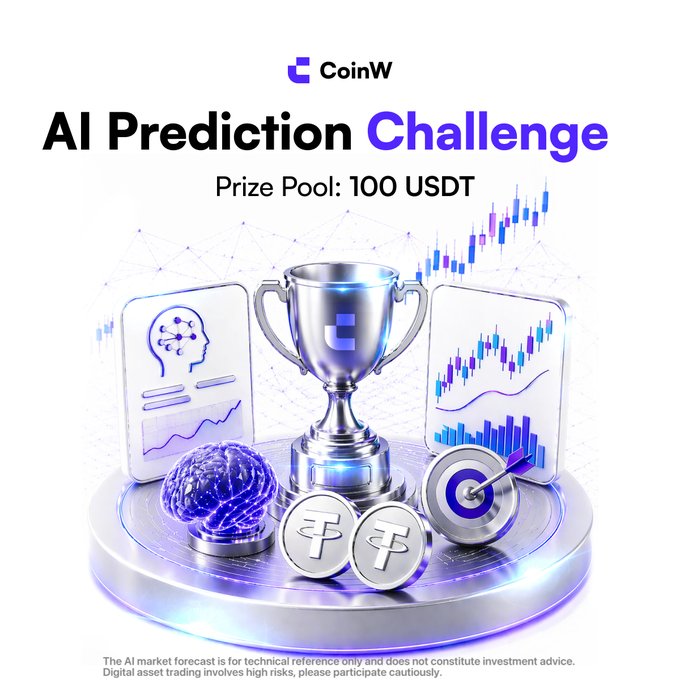 The image is a promotional graphic for CoinW's "AI Prediction Challenge," featuring a silver trophy, AI-themed icons, candlestick charts, and USDT coins, with a prize pool of 100 USDT. The text at the bottom includes a disclaimer that AI forecasting is for reference only and crypto trading carries high risks. The graphic supports the accompanying post by visually highlighting the challenge's rewards and AI/crypto trading theme.