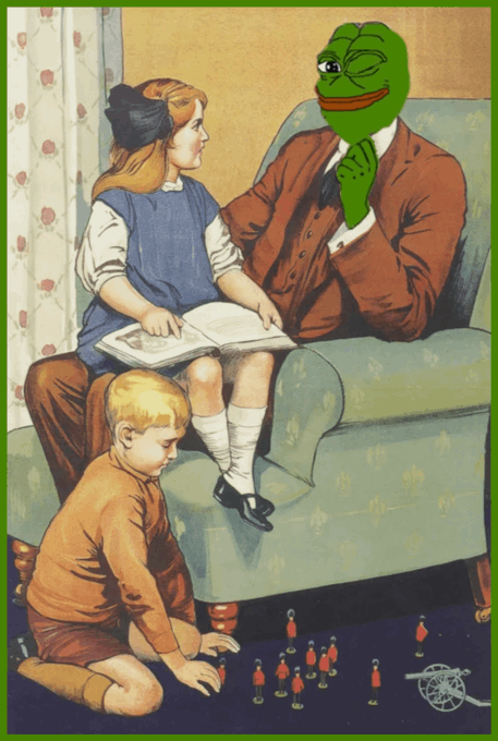 A vintage-style illustration of a family scene with a Kermit the Frog head edited onto the father's body, sitting on a couch with a daughter reading and a son playing with toy soldiers.