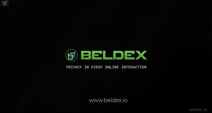 A black promotional graphic with green text reading 'BELDEX - PRIVACY IN EVERY ONLINE INTERACTION' and the website www.beldex.io.