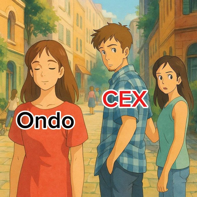 An anime-style illustration shows a woman in red labeled "Ondo" peacefully standing while a man in a plaid shirt labeled "CEX" turns to glance at another woman in green, depicting a love triangle metaphor for how Ondo Perps offers CEX-like execution with on-chain settlement to attract users away from traditional crypto exchanges.