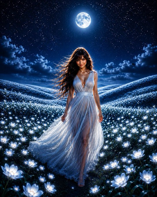 A woman in a flowing white gown stands barefoot in a moonlit field of glowing blue flowers beneath a starry sky, evoking a sense of calm clarity amid the noise—mirroring the post's theme of cutting through crypto market chaos to find meaningful insight.