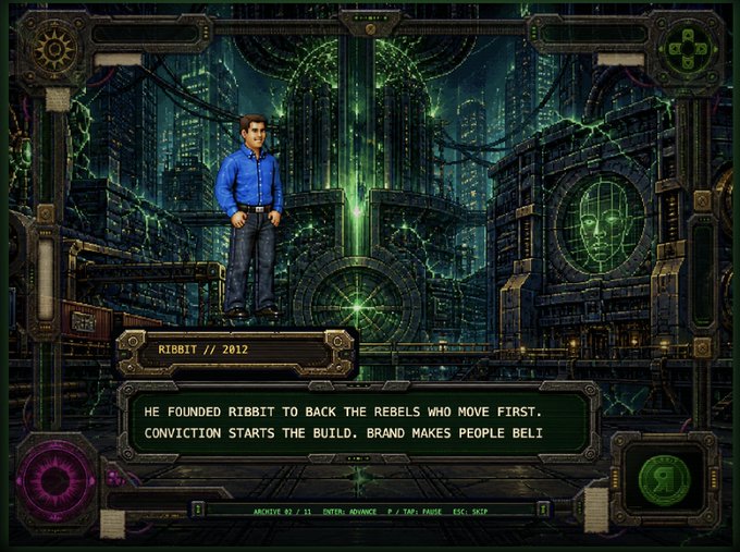 A pixel-art style video game screen shows a character labeled "RIBBIT // 2012" in a cyberpunk cityscape with a glowing green face on a building, while the dialogue box reads: "HE FOUNDED RIBBIT TO BACK THE REBELS WHO MOVE FIRST. CONVICTION STARTS THE BUILD. BRAND MAKES PEOPLE BELI[eve]." The image visually ties to the post about $TIBBIR by depicting an in-game character and branded "RIBBIT" storyline, supporting the claim that someone has shipped a TIBBIR-themed game.