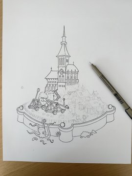 The image shows a sketch or drawing of a castle situated atop a hill, possibly representing a fortress. The drawing features a castle surrounded by a moat, which is depicted using black ink. A pen can be seen next to the drawing, indicating that someone has been working on it. The post also includes details about the progress made in the drawing process, with pencils used for outlines and erasers for refining the lines. The image focuses on the castle and its surroundings, providing a visual representation of the castle's design and layout.