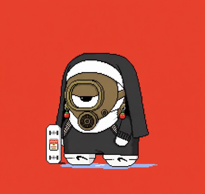 A pixel art character dressed as a nun wearing a gas mask and holding a sword stands against a red background, visually representing the edgy NFT art style of the @Gloombles project being promoted in the post.