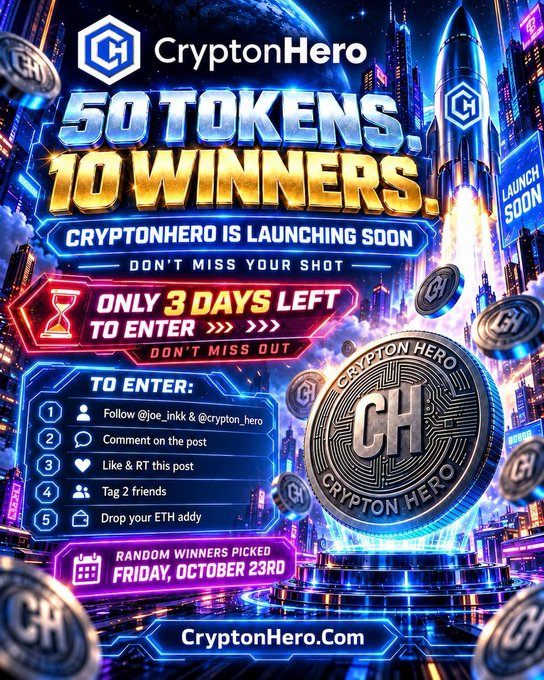 A vibrant promotional poster for 'CryptonHero' announcing a giveaway of '50 TOKENS, 10 WINNERS' with entry instructions, a countdown of 'ONLY 3 DAYS LEFT,' and the website 'CryptonHero.com'.
