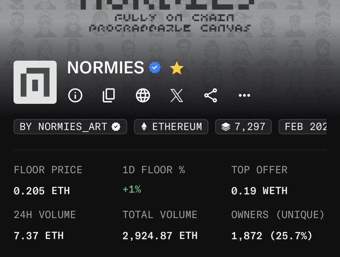 The image shows a marketplace listing page for the "NORMIES" NFT collection on Ethereum, displaying stats like a 0.205 ETH floor price, 7.37 ETH 24H volume, and 1,872 unique owners, which supports the post's mention of sweeping "normiesART" at floor price with the refund—items like the cat and hoodie NFTs referenced would fall under this low-cost collection.
