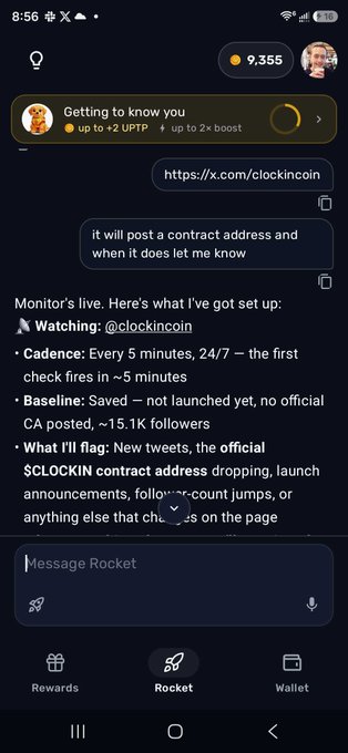 A mobile screenshot of a chat interface displaying a message about 'Monitor's live' tracking an account at @clockincoin, with details on cadence (every 5 minutes) and watchlist flags, and a reply bubble showing a link to https://x.com/clockincoin.