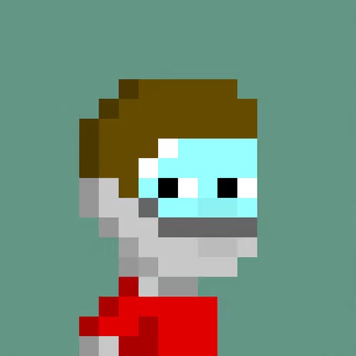 The image shows pixel art of a character with brown hair, cyan skin, and a red shirt against a teal background. It appears to be a generative NFT artwork, aligning with the post about "Re:Generates #3864," a generative art collection tracked with sweepr by knoad.