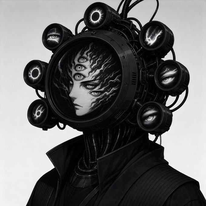 Black and white sci-fi/horror artwork of a humanoid figure with a mechanical head featuring a face surrounded by multiple eye-filled monitors and cables.